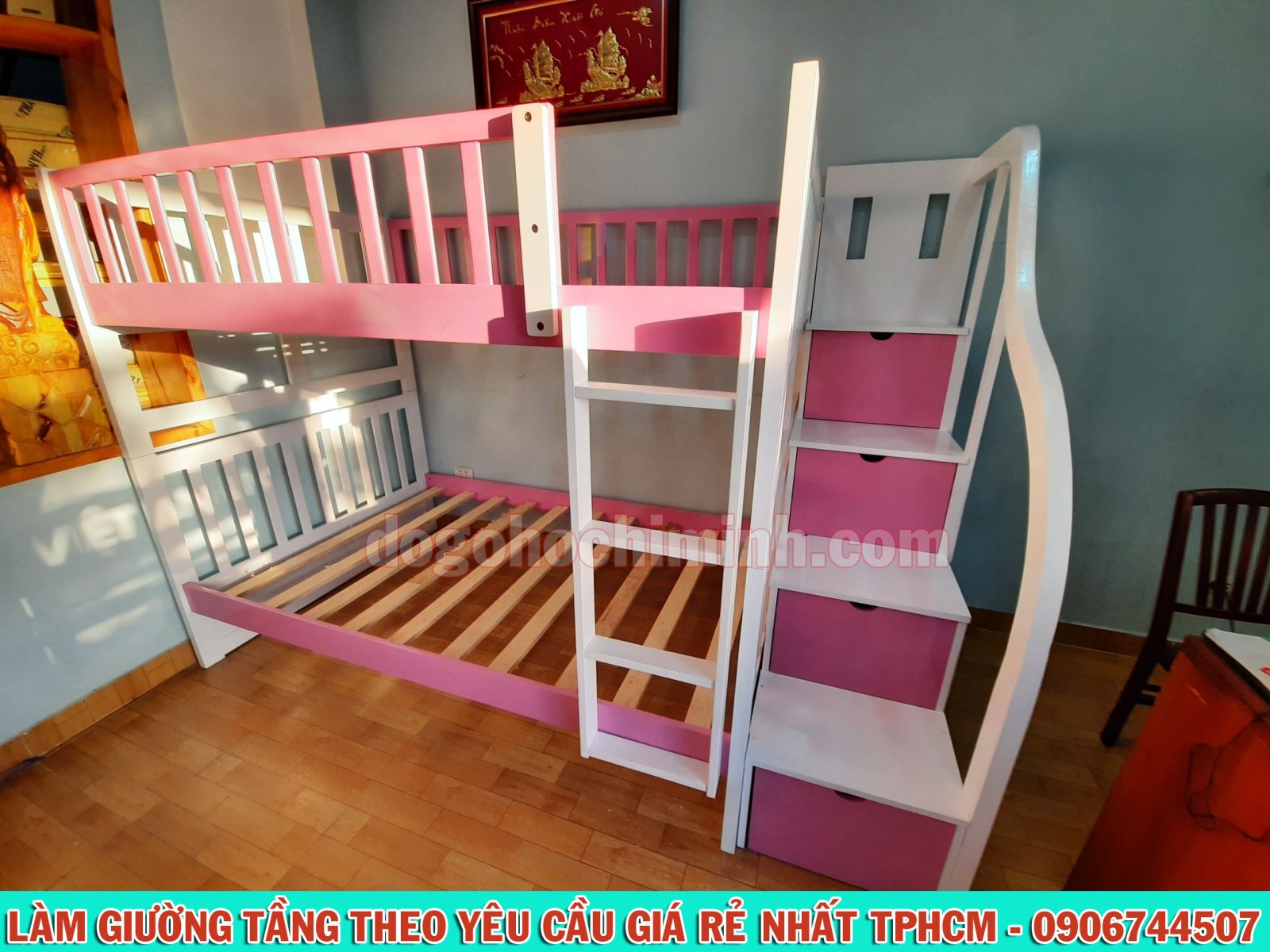 Mẫu giường 2 tầng độc quyền phối 2 màu trắng hồng giá rẻ đẹp tại TPHCM