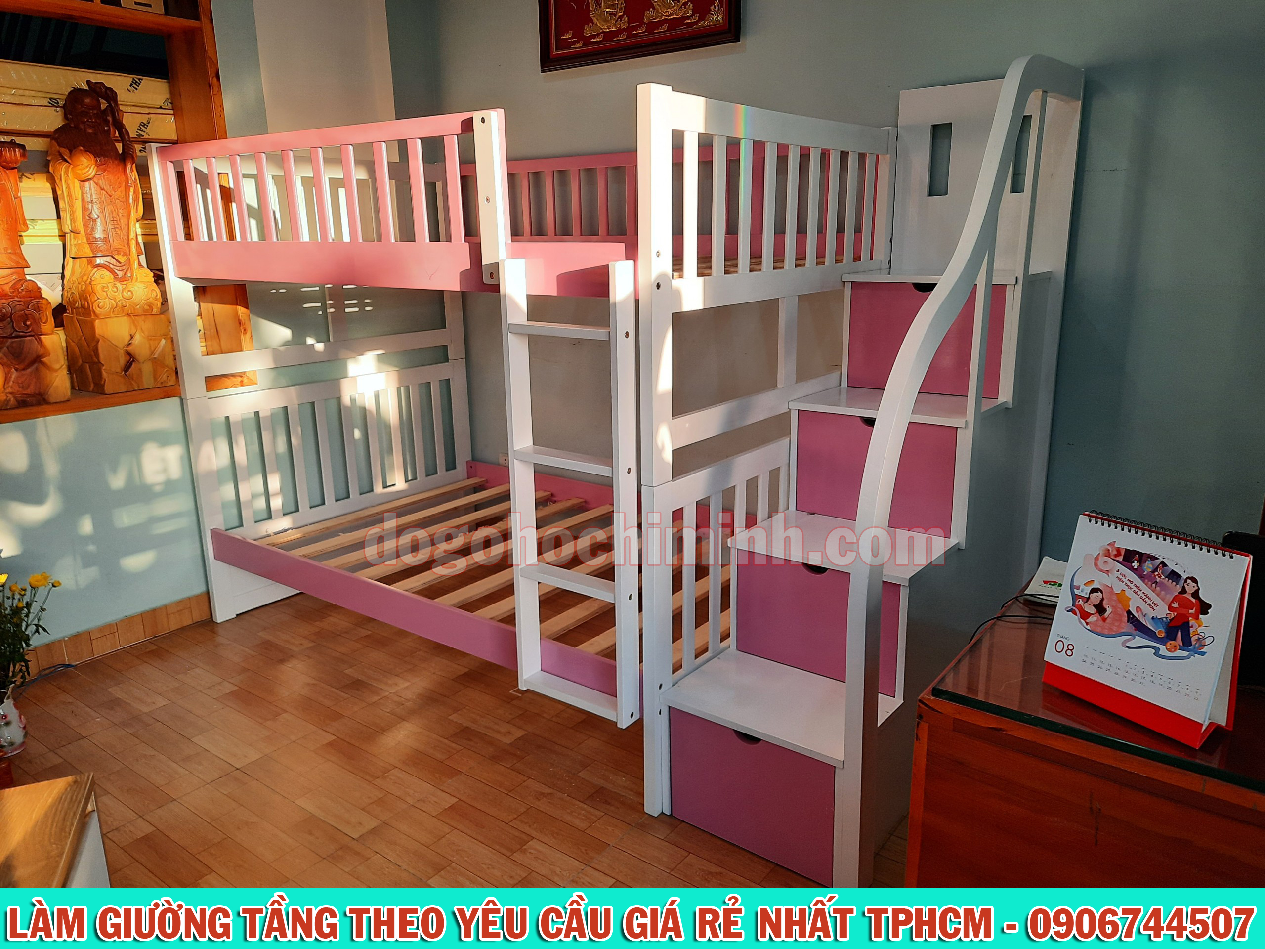 Mẫu giường 2 tầng độc quyền phối 2 màu trắng hồng giá rẻ đẹp tại TPHCM